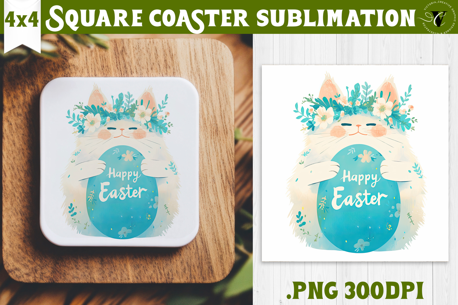 Easter Square Coaster | Watercolor Cat | Happy Easter product image 1
