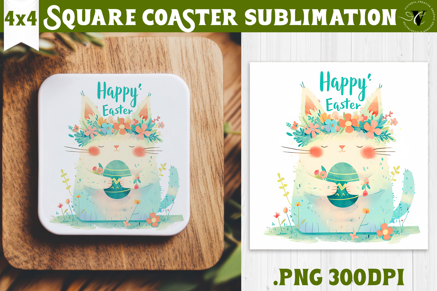Easter Square Coaster | Watercolor Cat | Happy Easter product image 1