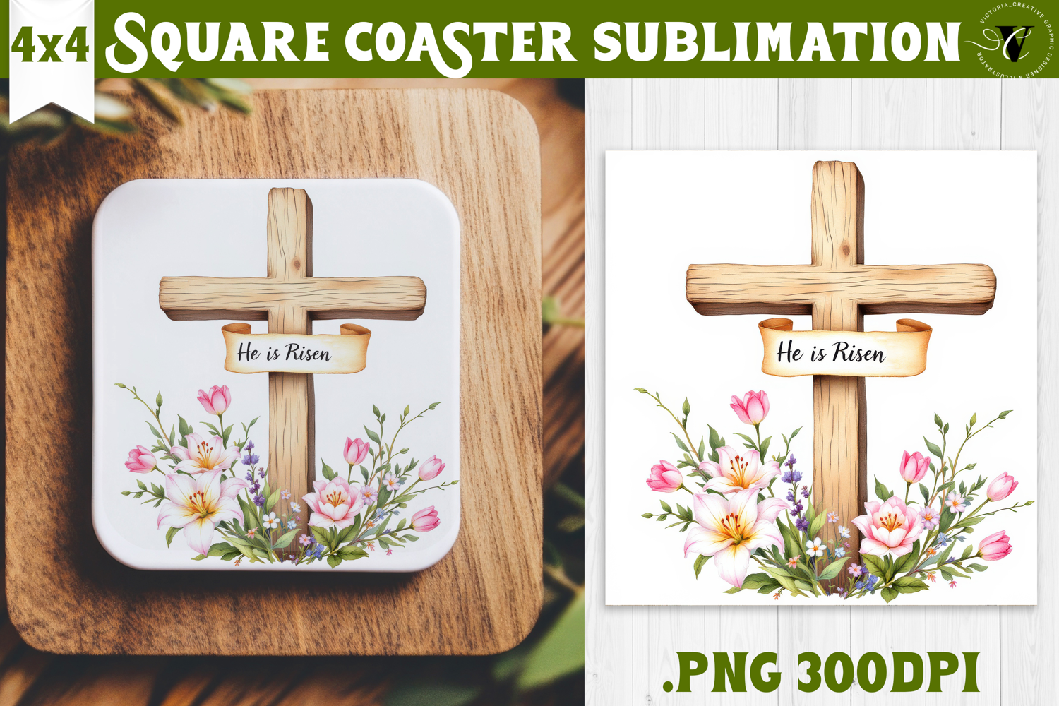 Easter Square Coaster | Watercolor Cross |Happy Easter product image 1