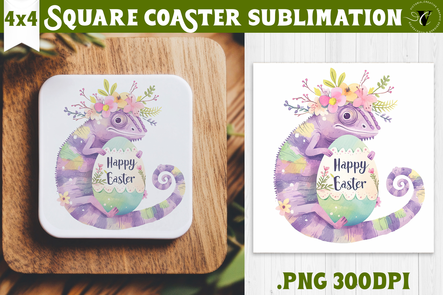 Easter Square Coaster | Watercolor chameleon | Happy Easter product image 1