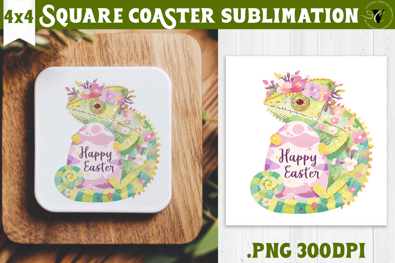 Easter Square Coaster | Watercolor chameleon | Happy Easter product image 1