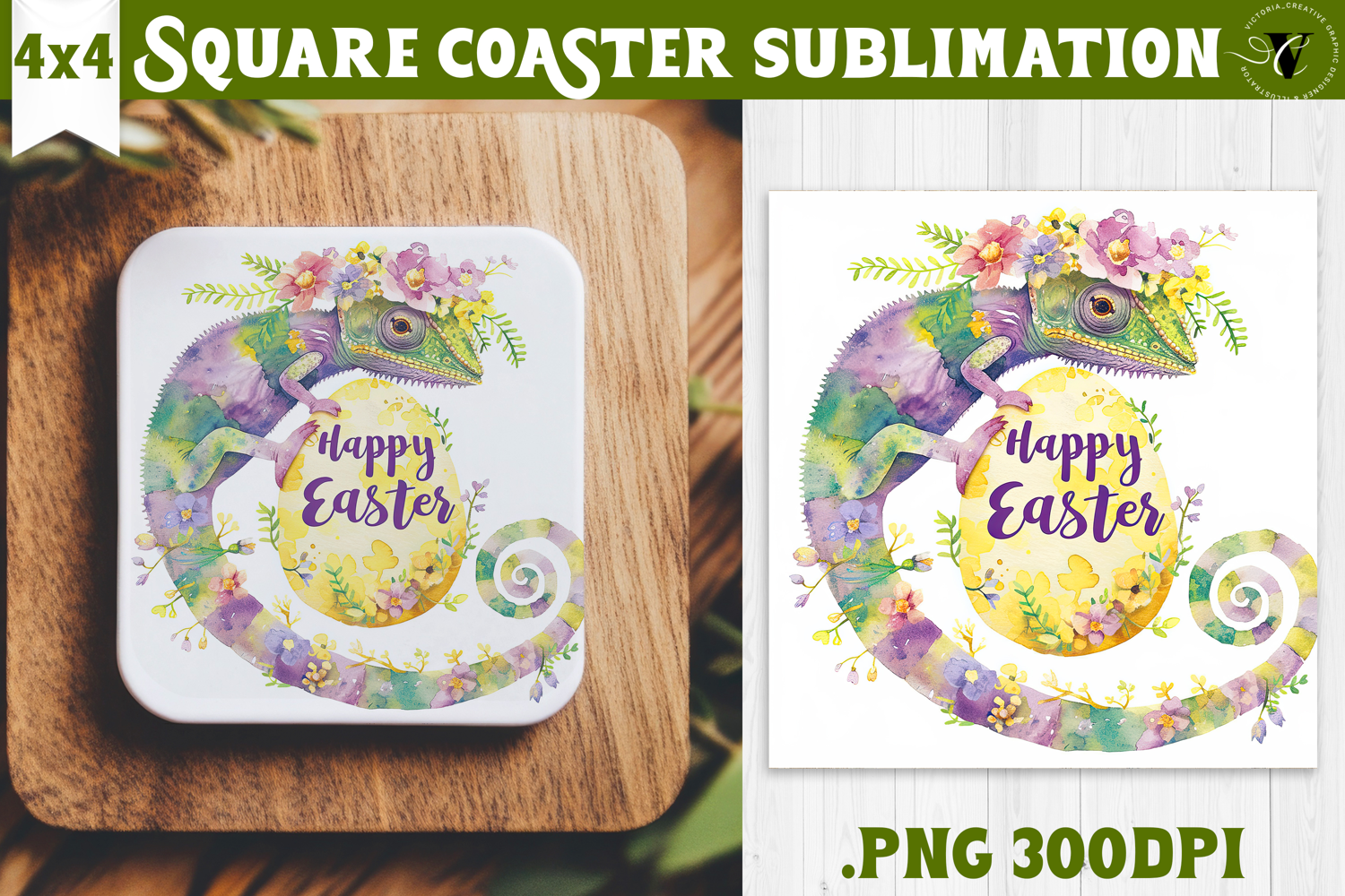 Easter Square Coaster | Watercolor chameleon | Happy Easter product image 1