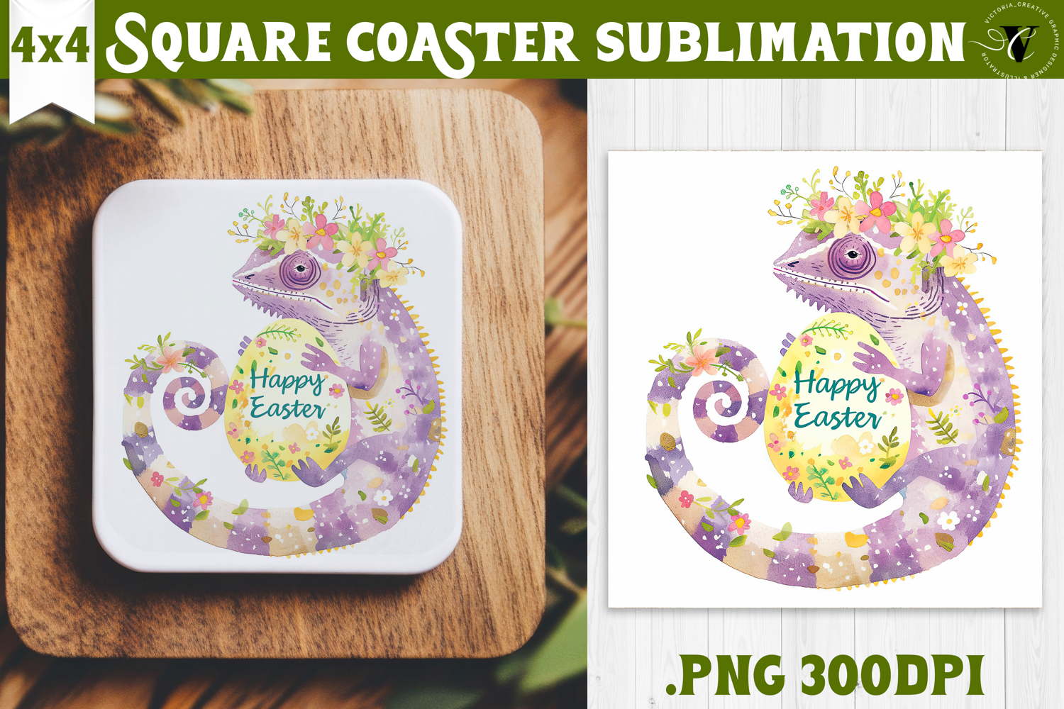 Easter Square Coaster | Watercolor chameleon | Happy Easter product image 1