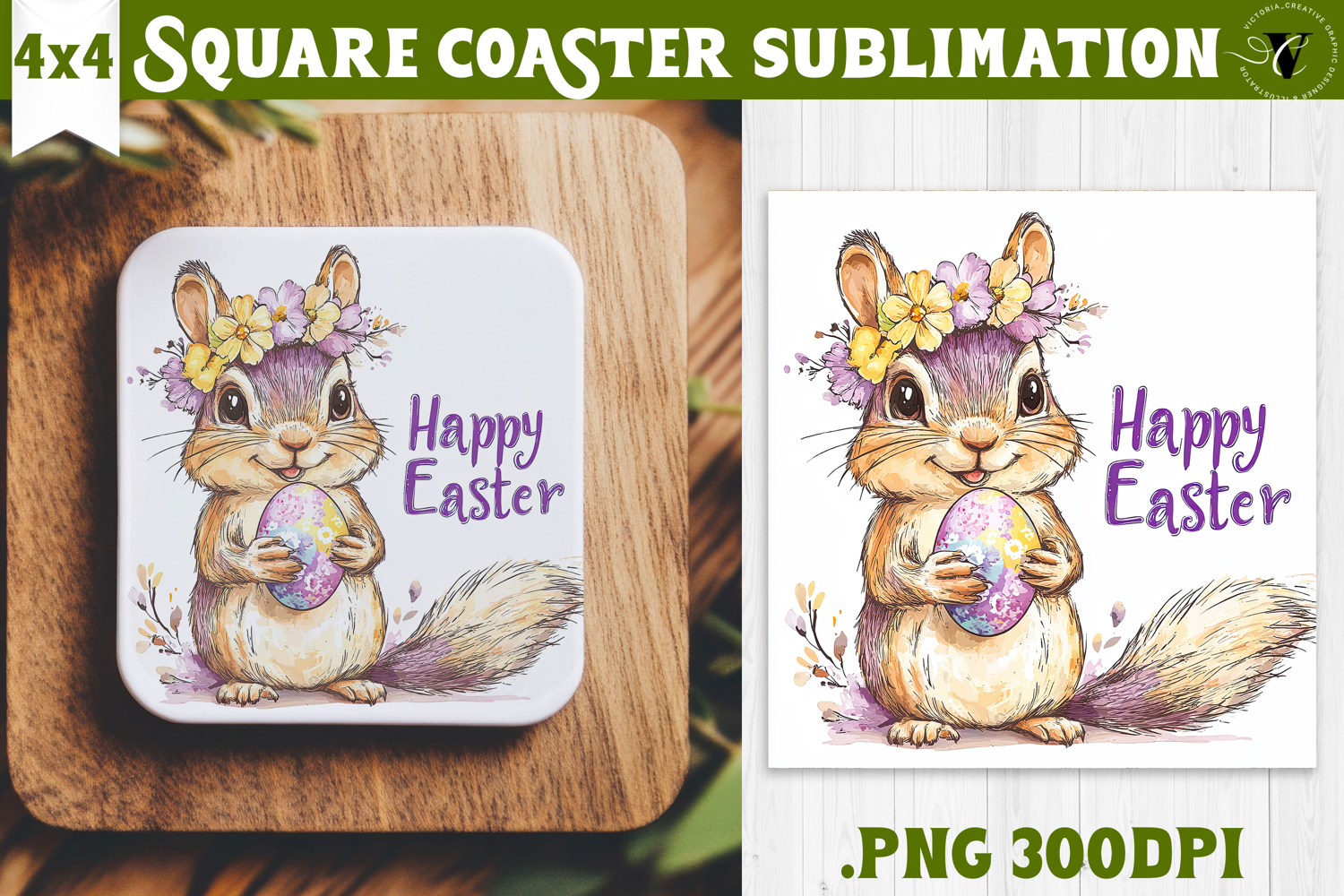 Easter Square Coaster | Watercolor Squirrel | Happy Easter product image 1