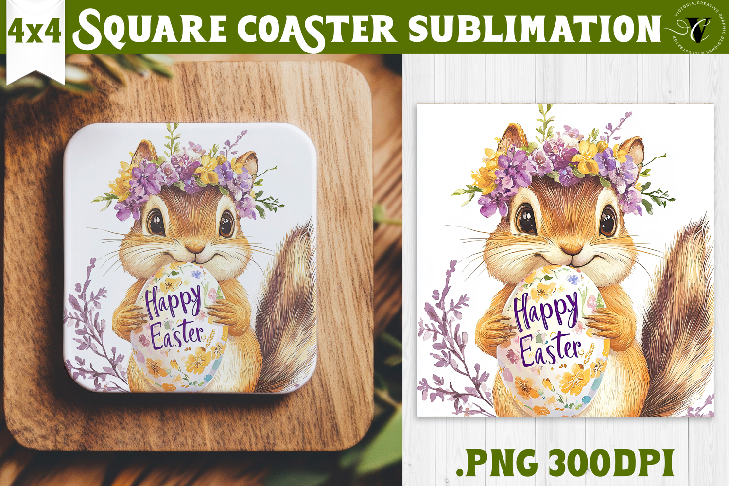 Easter Square Coaster | Watercolor Squirrel | Happy Easter product image 1