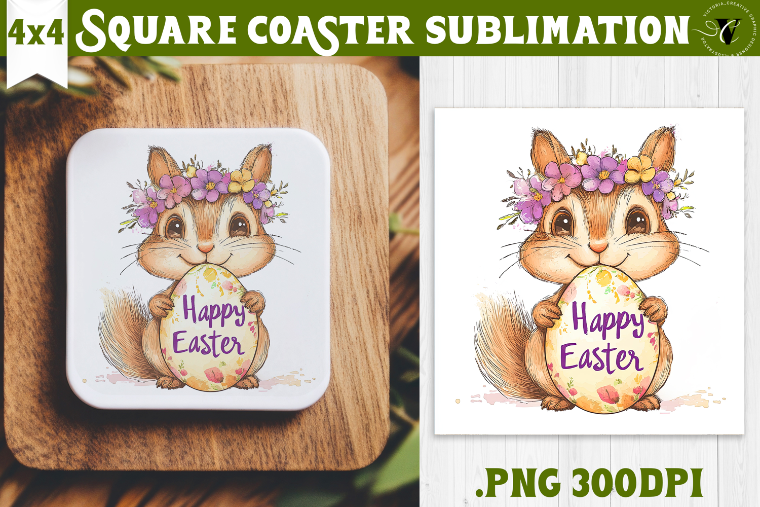 Easter Square Coaster | Watercolor Squirrel | Happy Easter product image 1