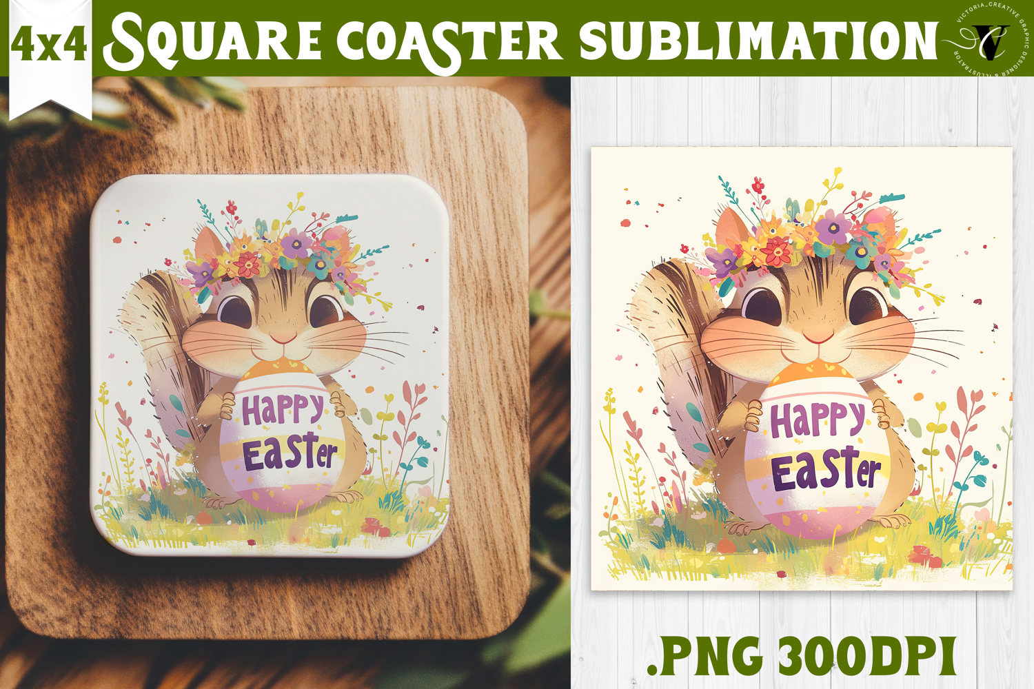 Easter Square Coaster | Watercolor Squirrel | Happy Easter product image 1