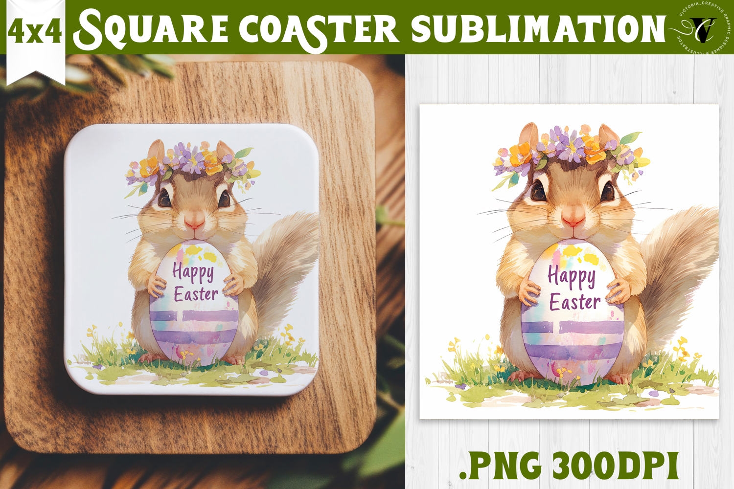 Easter Square Coaster | Watercolor Squirrel | Happy Easter product image 1
