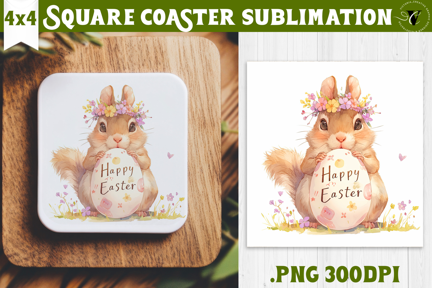 Easter Square Coaster | Watercolor Squirrel | Happy Easter product image 1