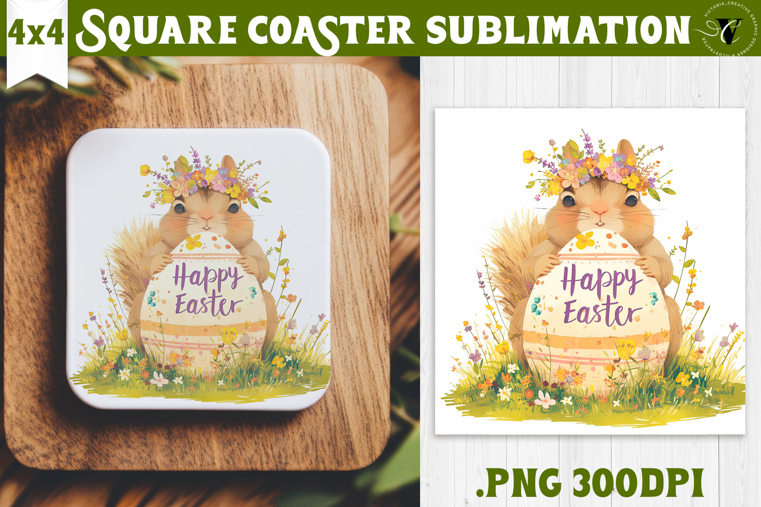 Easter Square Coaster | Watercolor Squirrel | Happy Easter product image 1