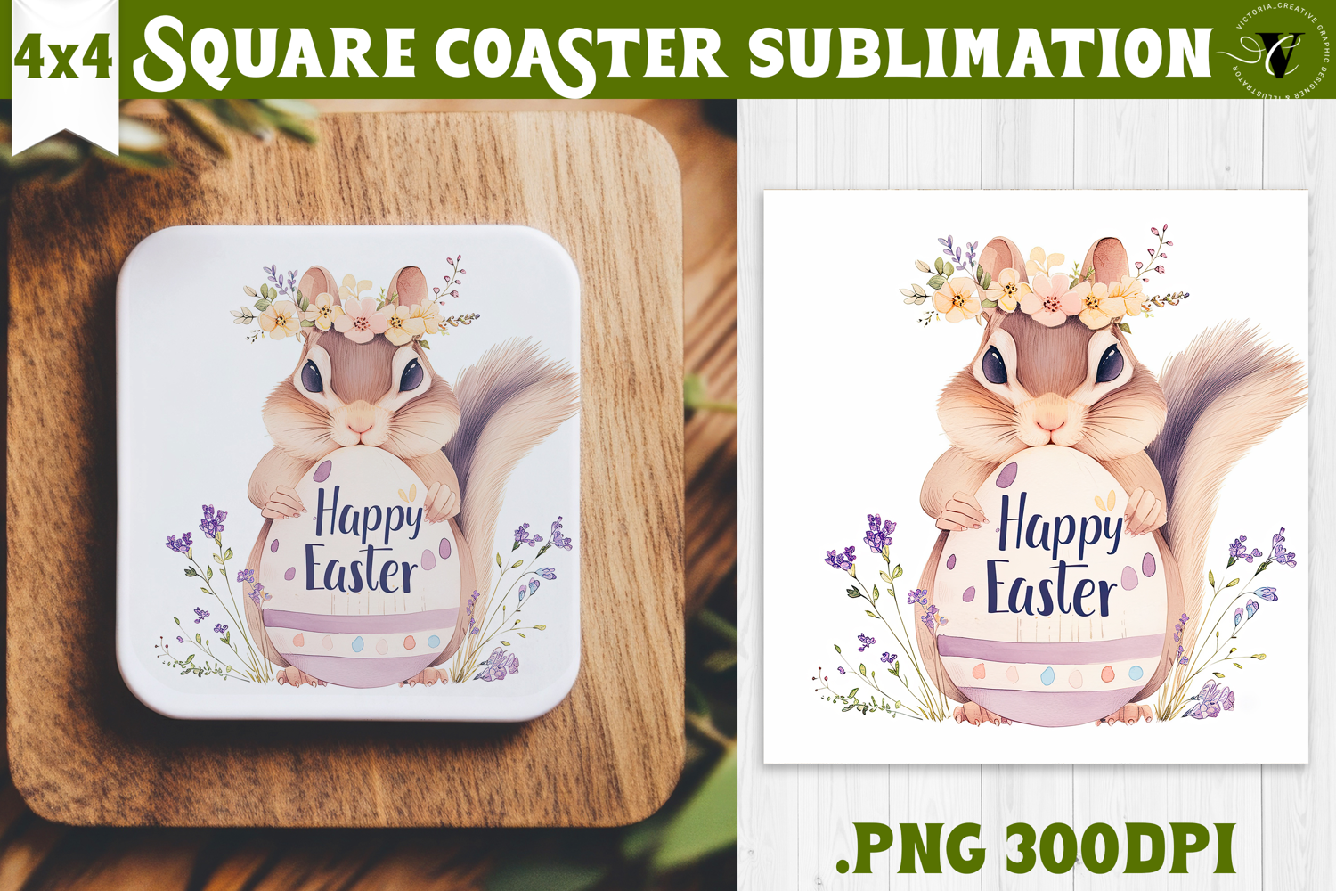 Easter Square Coaster | Watercolor Squirrel | Happy Easter product image 1