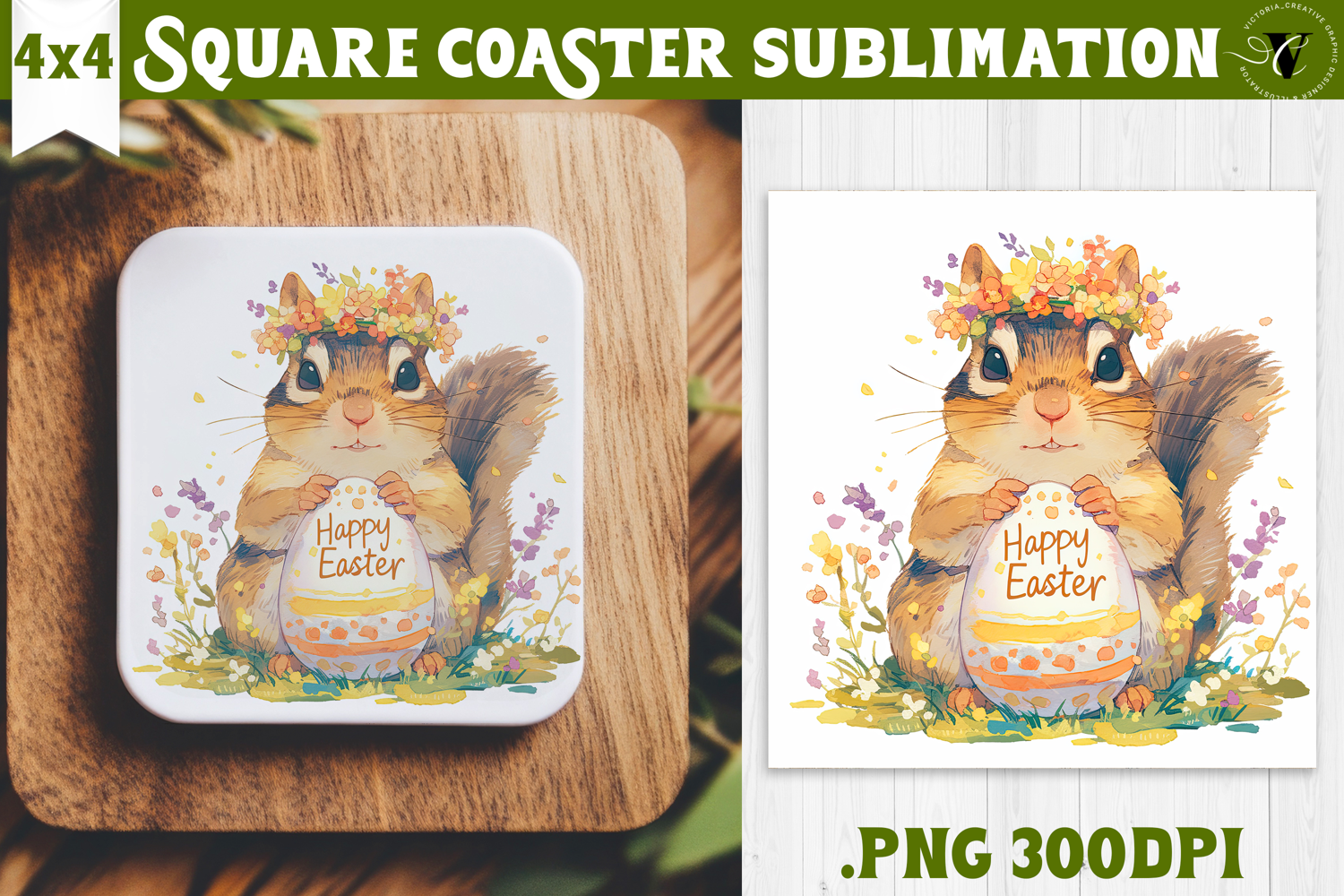 Easter Square Coaster | Watercolor Squirrel | Happy Easter product image 1
