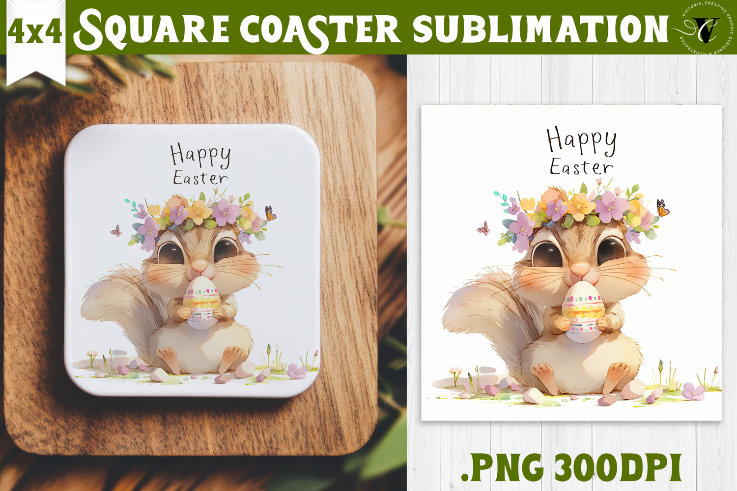 Easter Square Coaster | Watercolor Squirrel | Happy Easter product image 1