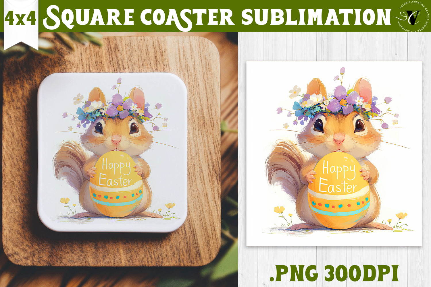 Easter Square Coaster | Watercolor Squirrel | Happy Easter product image 1