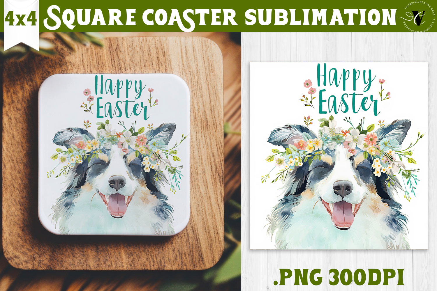 Easter Square Coaster | Watercolor Dog | Happy Easter product image 1
