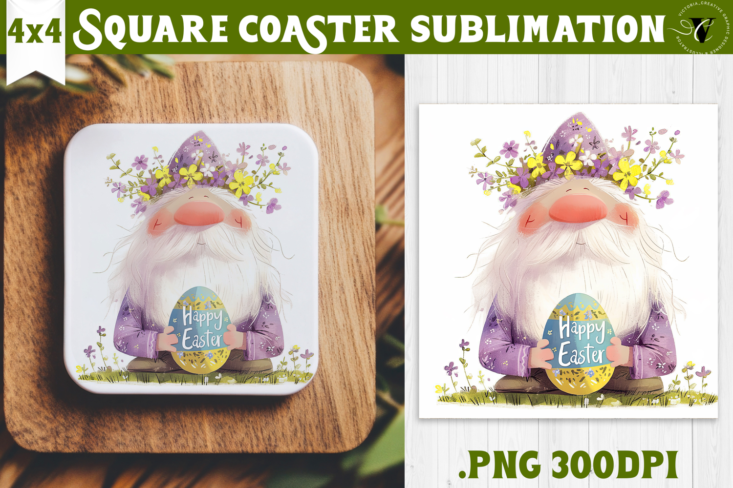 Easter Square Coaster | Watercolor Dwarf | Happy Easter product image 1