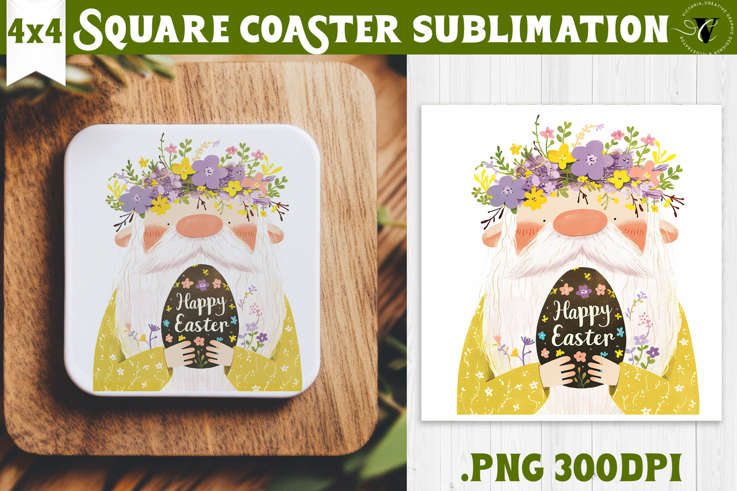 Easter Square Coaster | Watercolor Dwarf | Happy Easter product image 1