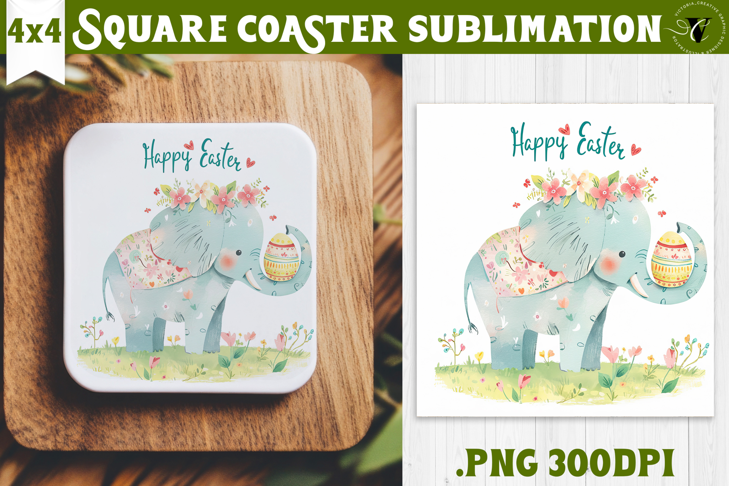 Easter Square Coaster | Watercolor Elephant | Happy Easter product image 1