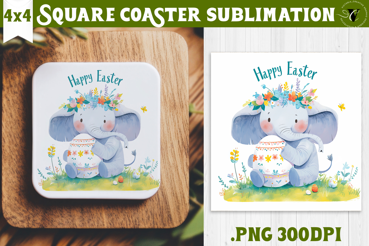 Easter Square Coaster | Watercolor Elephant | Happy Easter product image 1