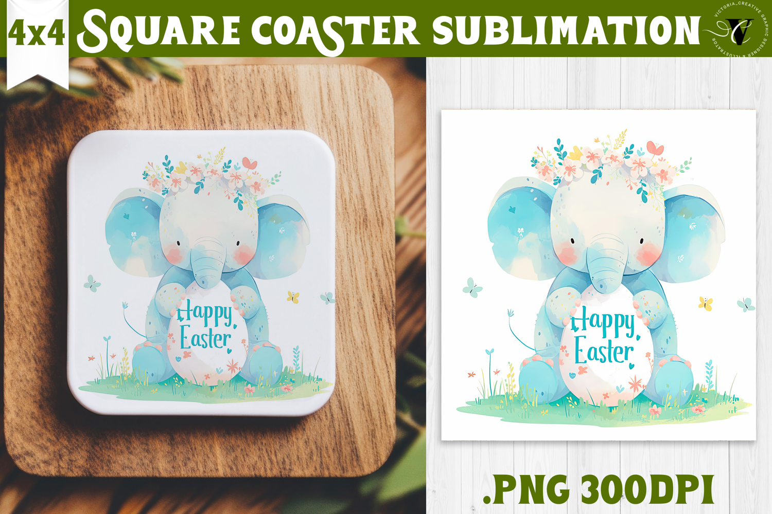 Easter Square Coaster | Watercolor Elephant | Happy Easter product image 1