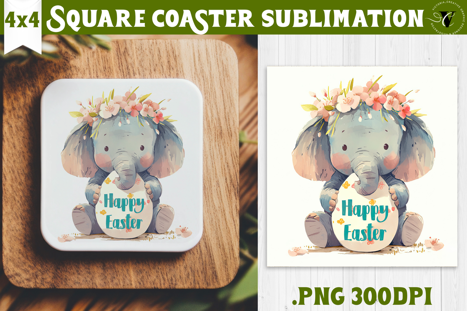 Easter Square Coaster | Watercolor Elephant | Happy Easter product image 1