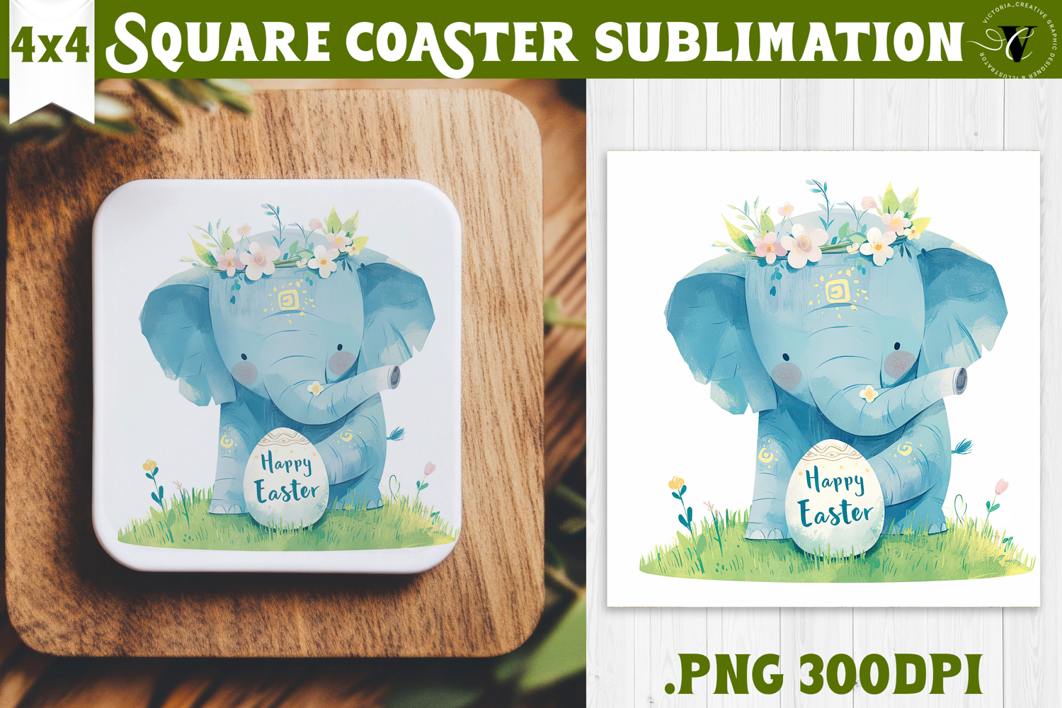 Easter Square Coaster | Watercolor Elephant | Happy Easter product image 1
