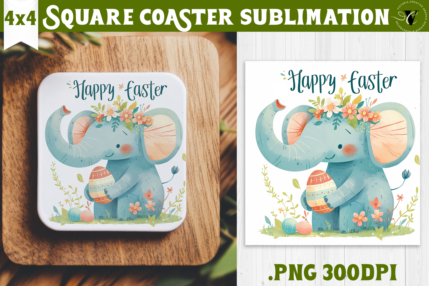 Easter Square Coaster | Watercolor Elephant | Happy Easter product image 1