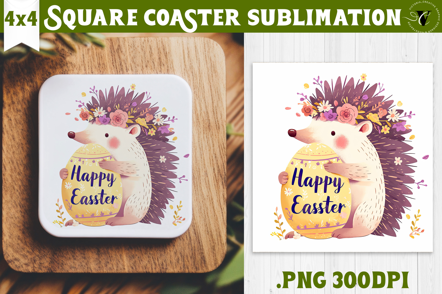 Easter Square Coaster | Watercolor Hedgehog | Happy Easter product image 1