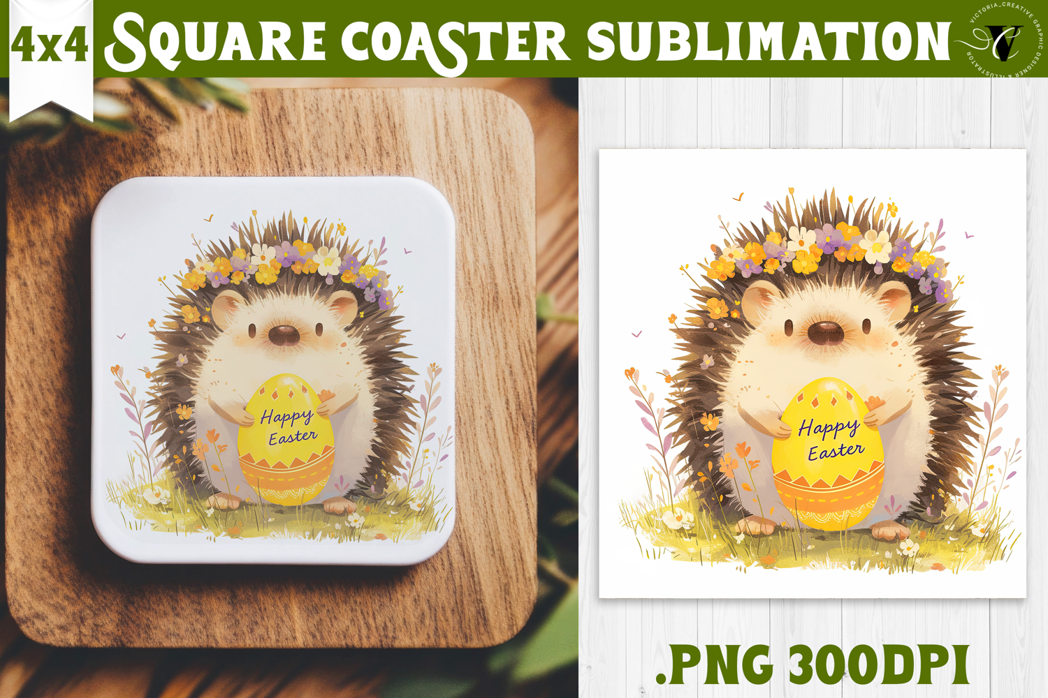 Easter Square Coaster | Watercolor Hedgehog | Happy Easter product image 1