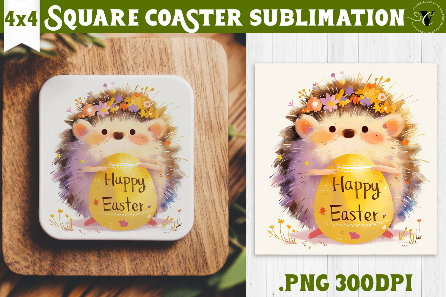 Easter Square Coaster | Watercolor Hedgehog | Happy Easter product image 1