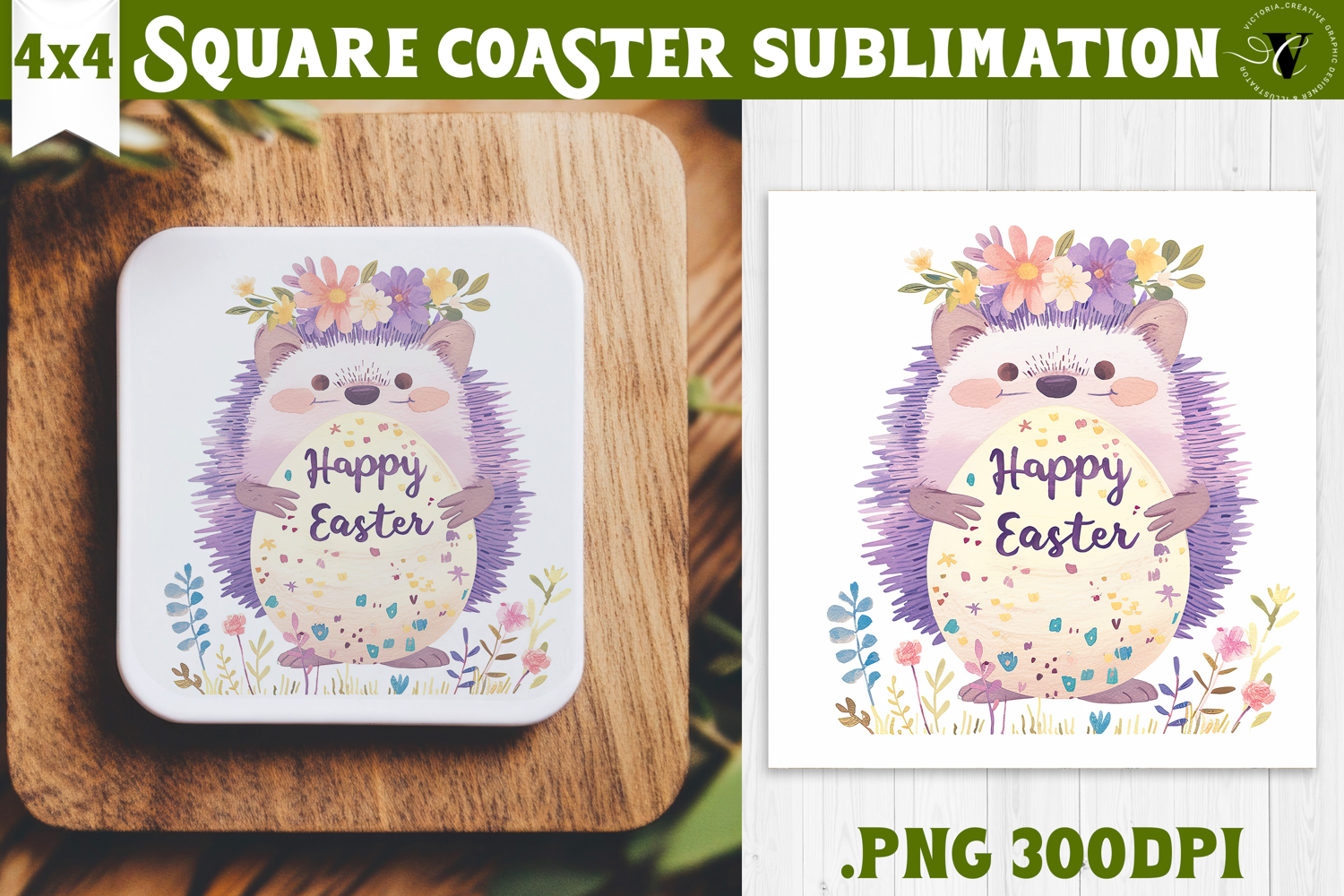 Easter Square Coaster | Watercolor Hedgehog | Happy Easter product image 1