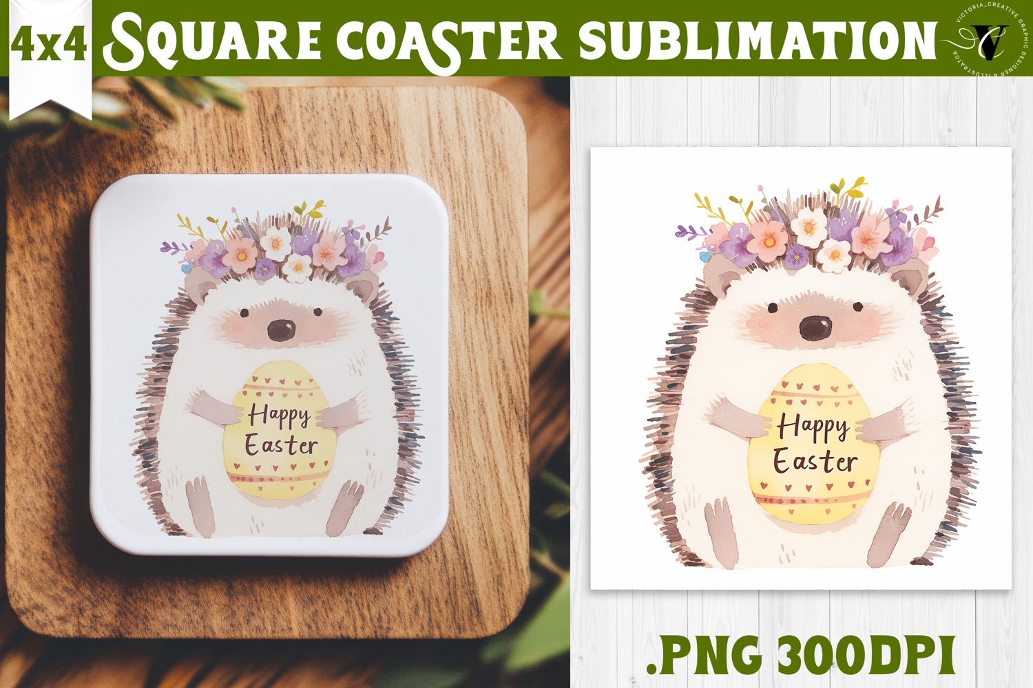 Easter Square Coaster | Watercolor Hedgehog | Happy Easter product image 1