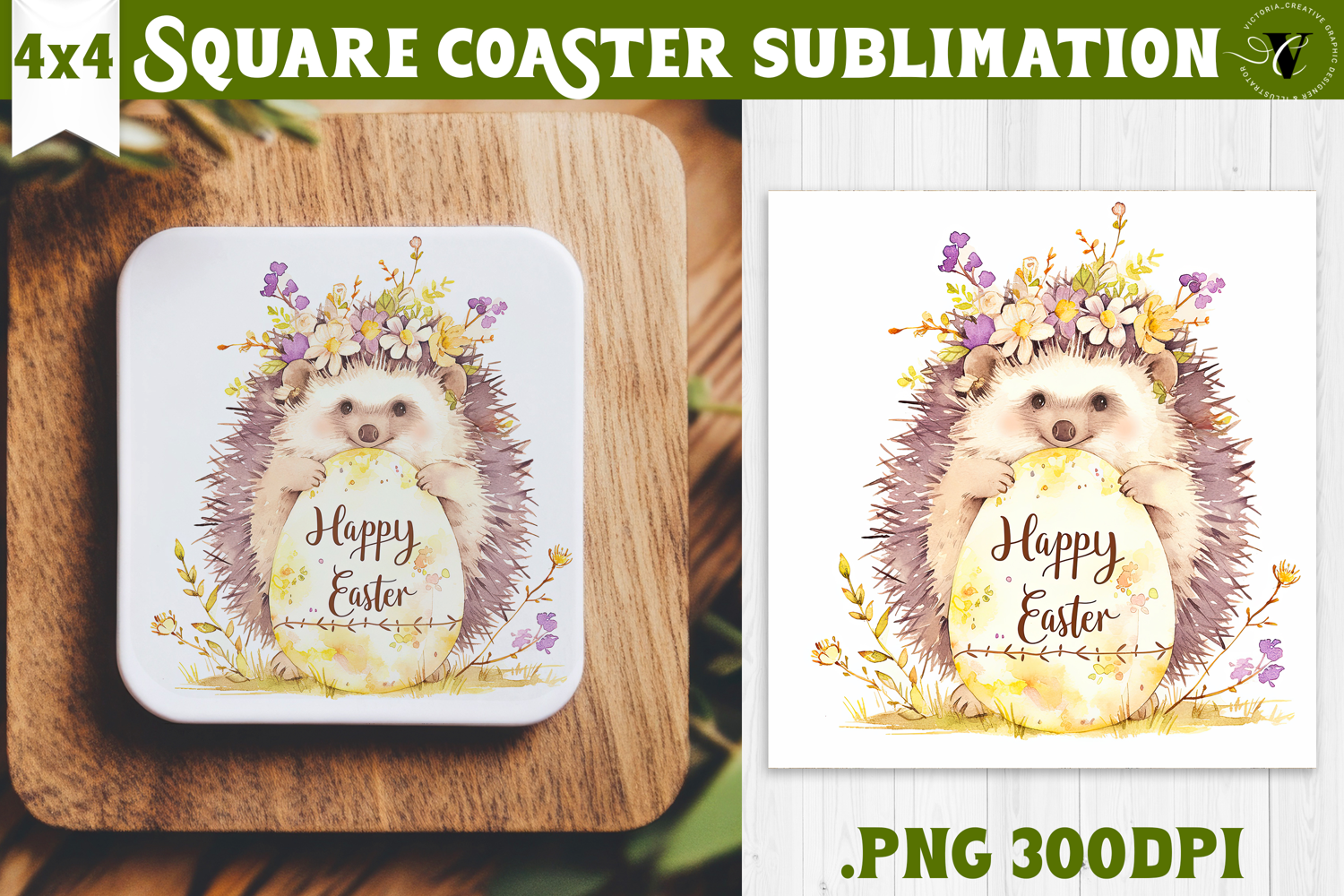 Easter Square Coaster | Watercolor Hedgehog | Happy Easter product image 1