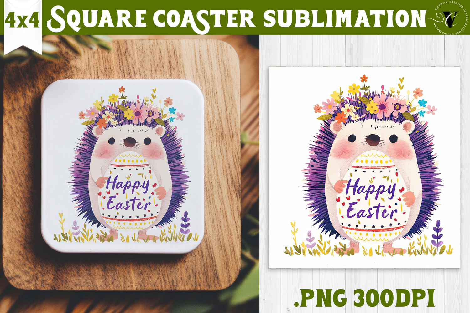 Easter Square Coaster | Watercolor Hedgehog | Happy Easter product image 1