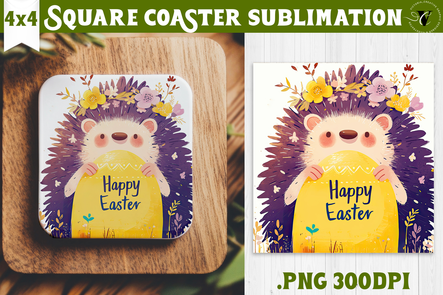 Easter Square Coaster | Watercolor Hedgehog | Happy Easter product image 1