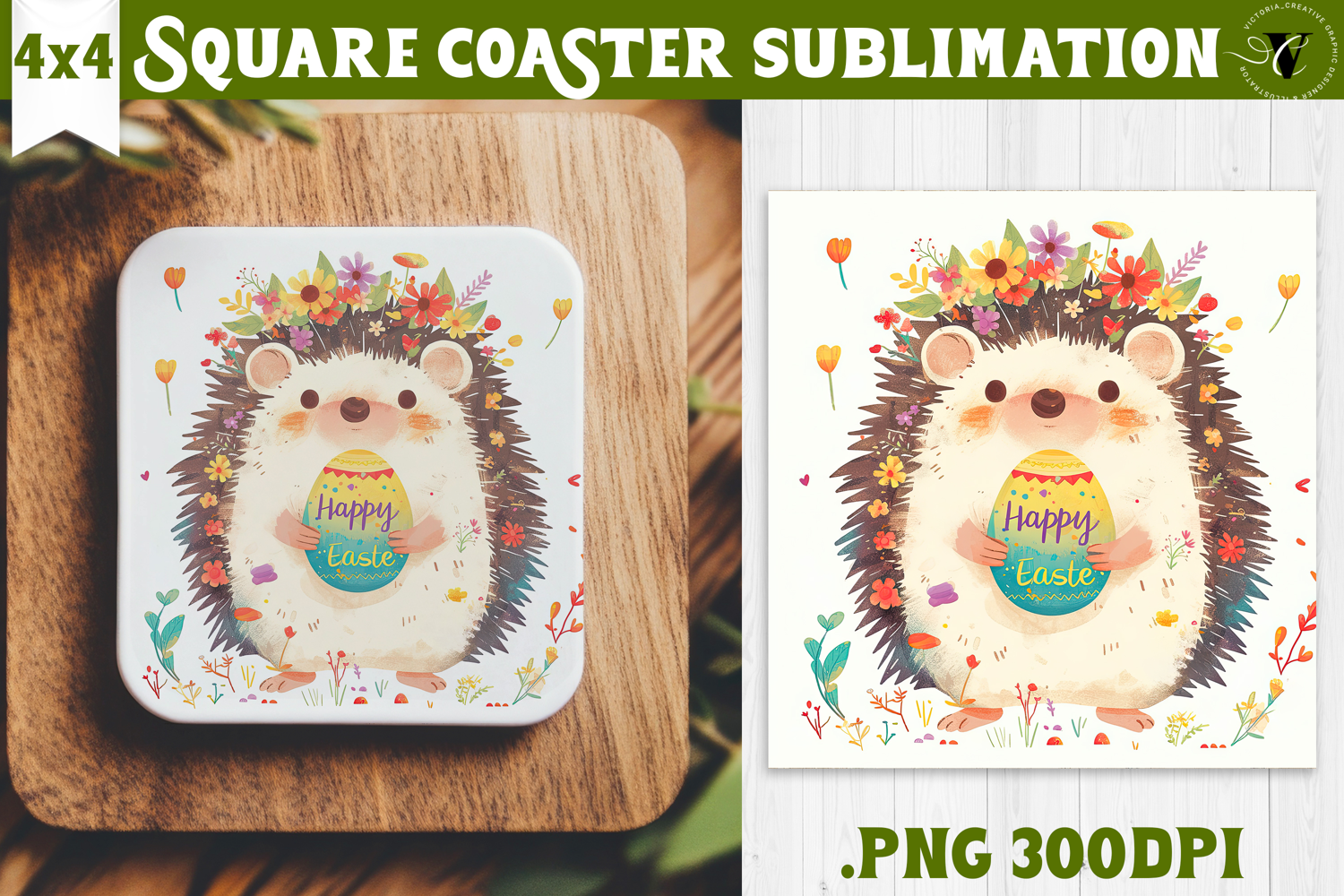 Easter Square Coaster | Watercolor Hedgehog | Happy Easter product image 1