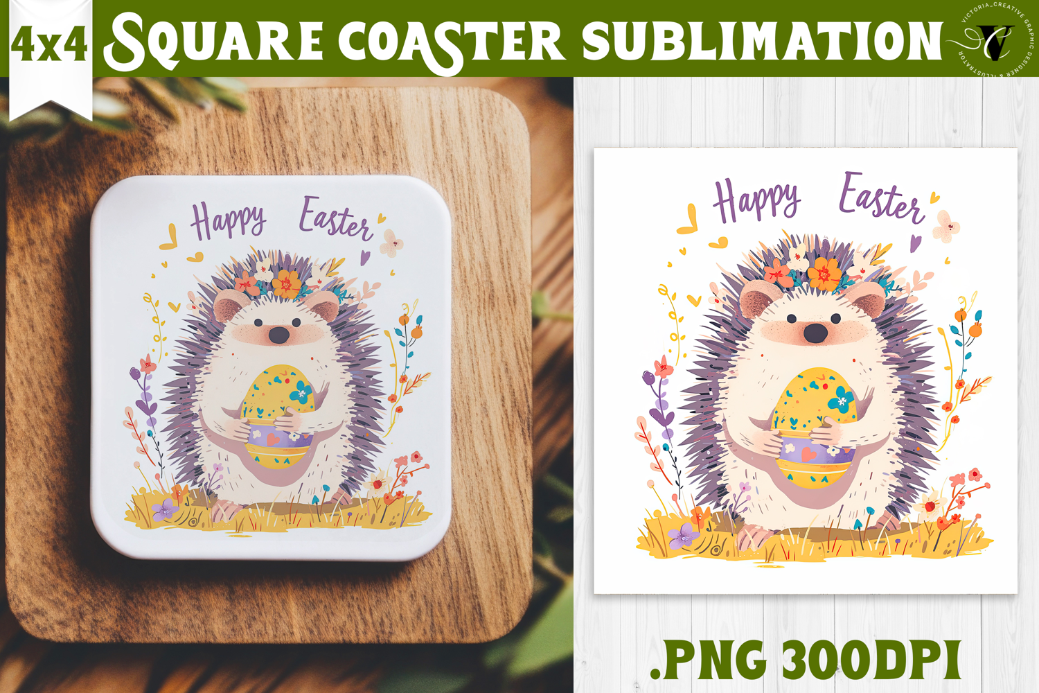 Easter Square Coaster | Watercolor Hedgehog | Happy Easter product image 1