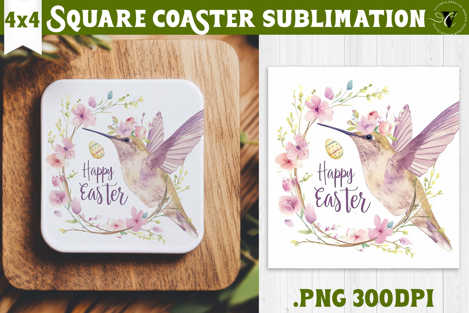 Square Coaster | Watercolor Hummingbird | Happy Easter product image 1