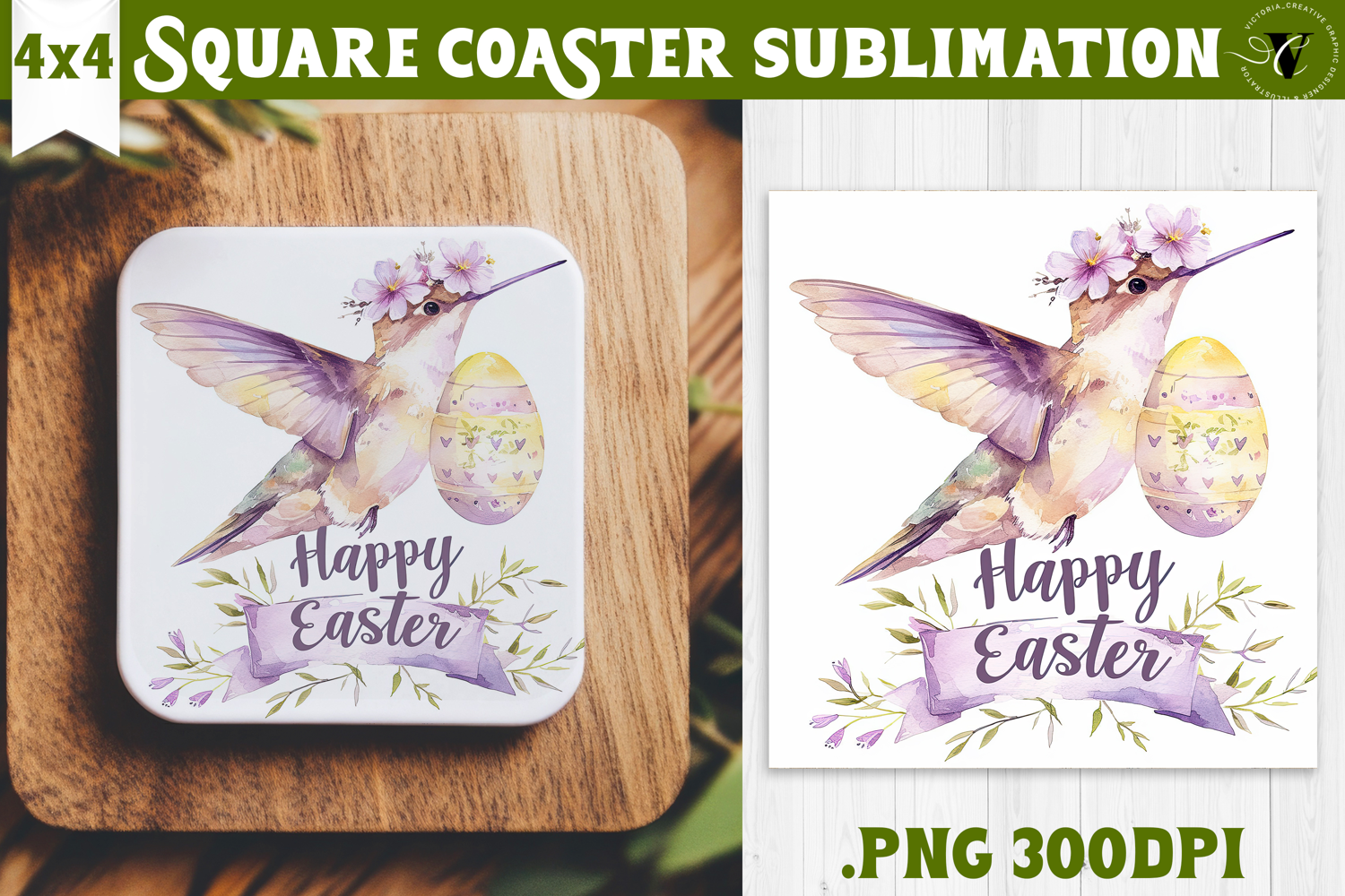 Square Coaster | Watercolor Hummingbird | Happy Easter product image 1