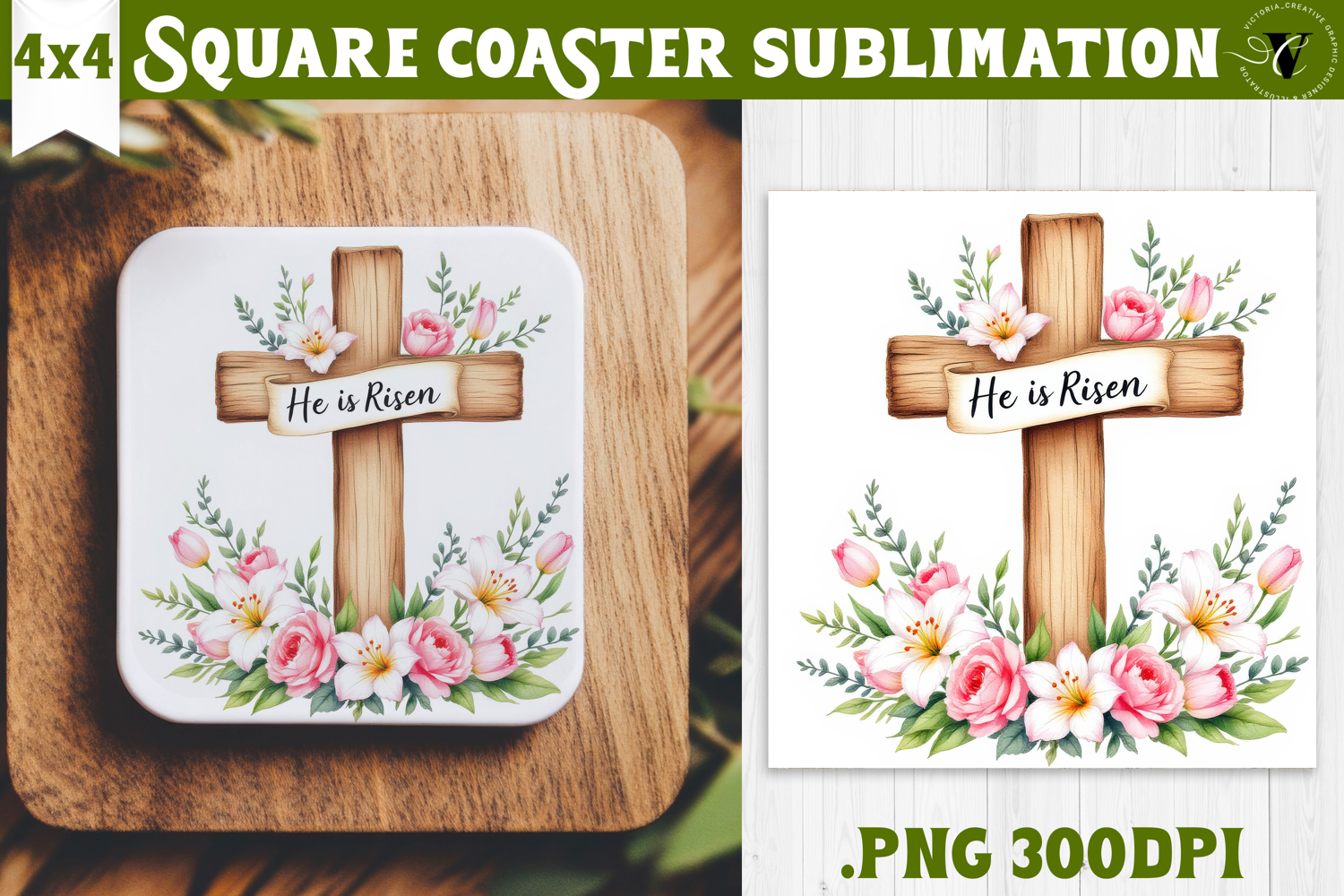Easter Square Coaster | Watercolor Cross | Happy Easter product image 1