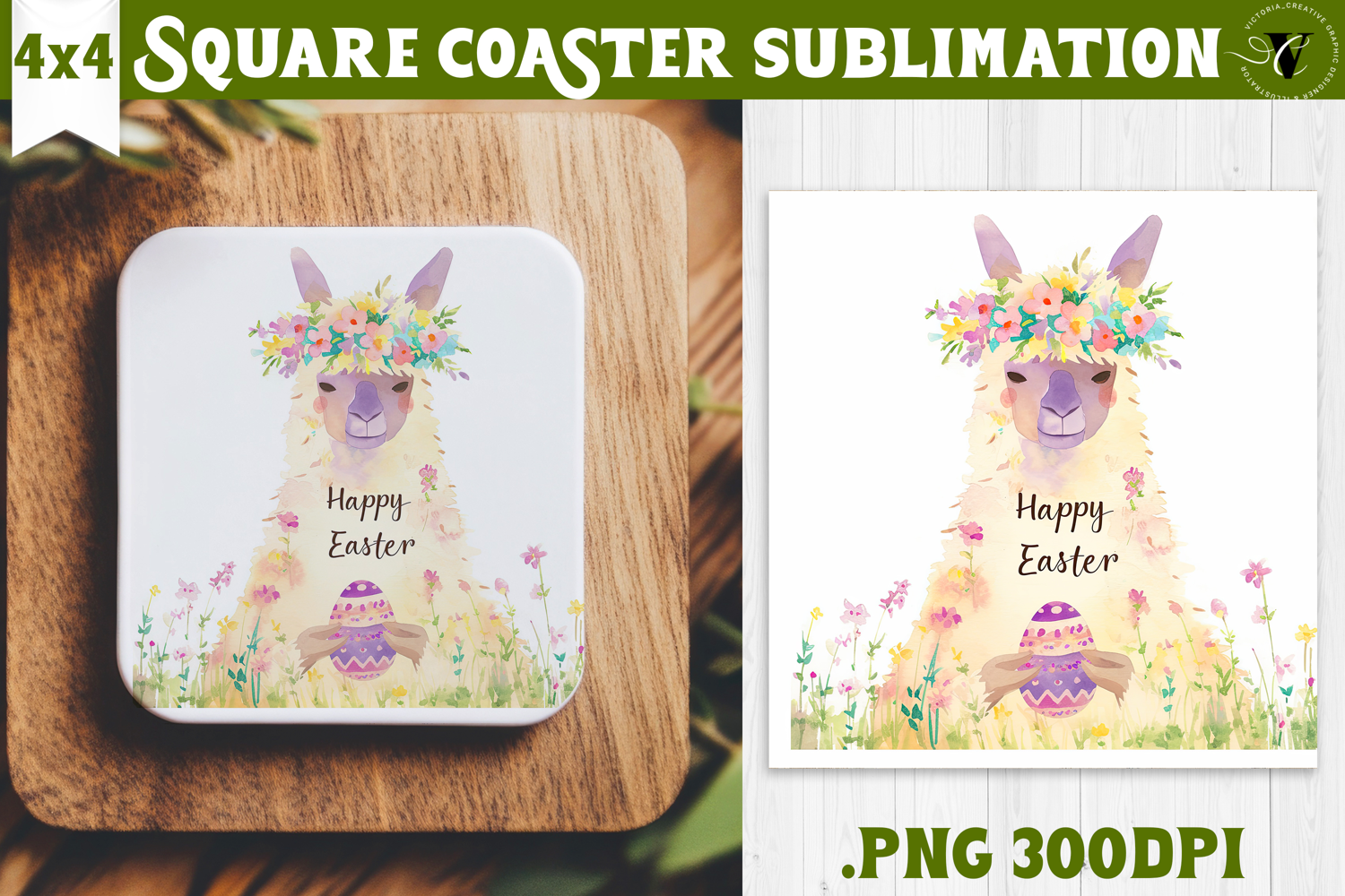 Easter Square Coaster | Watercolor Lama | Happy Easter product image 1