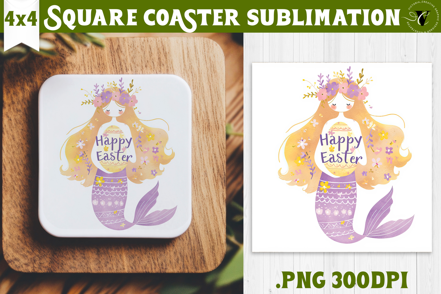 Easter Square Coaster | Watercolor Mermaid | Happy Easter product image 1