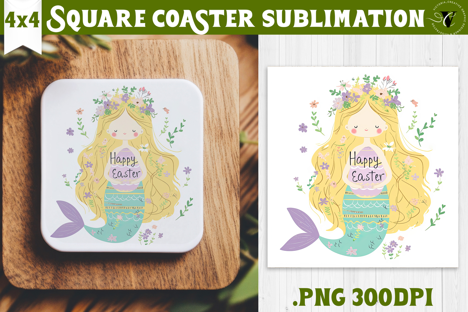 Easter Square Coaster | Watercolor Mermaid | Happy Easter product image 1