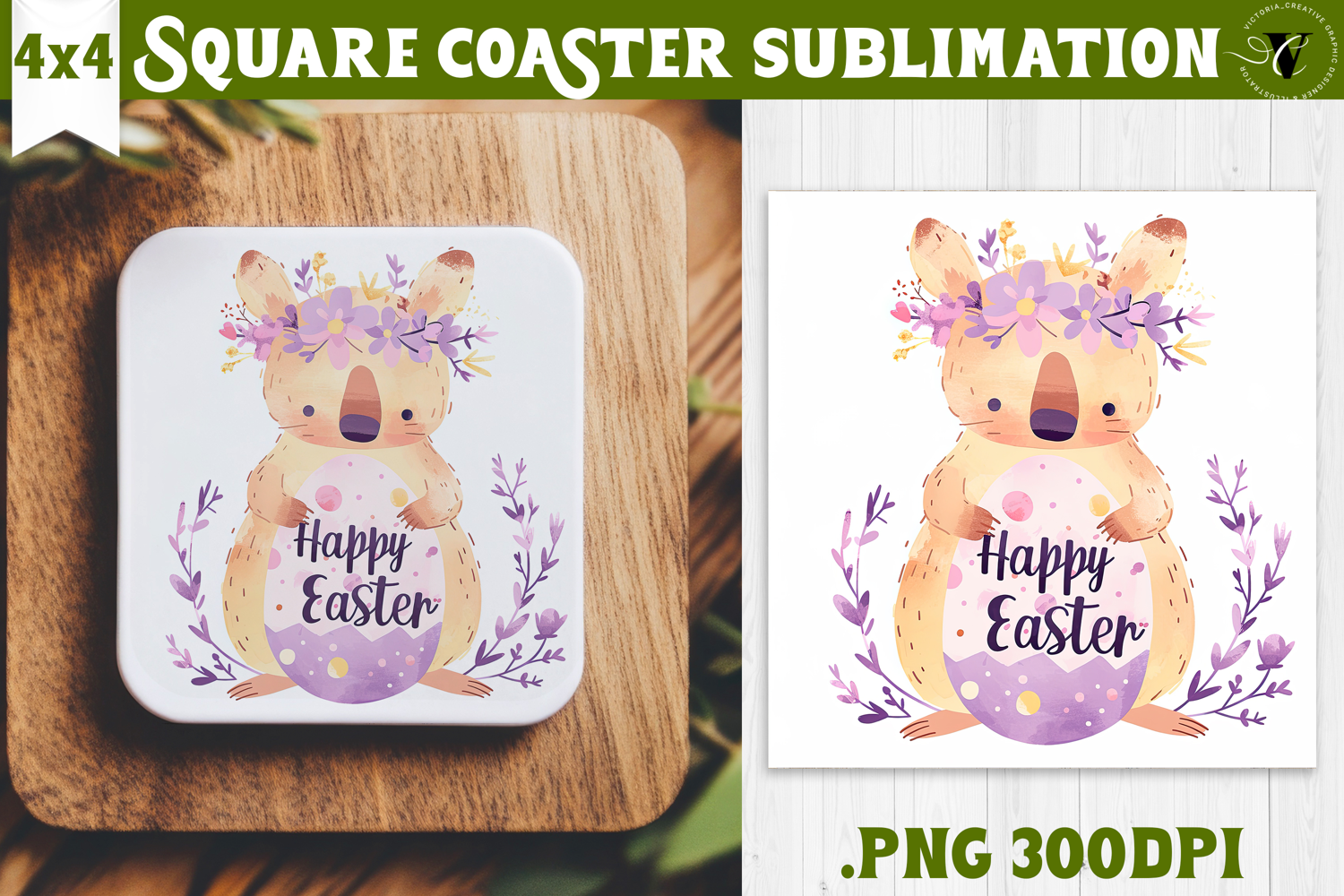 Easter Square Coaster | Watercolor Quokka | Happy Easter product image 1