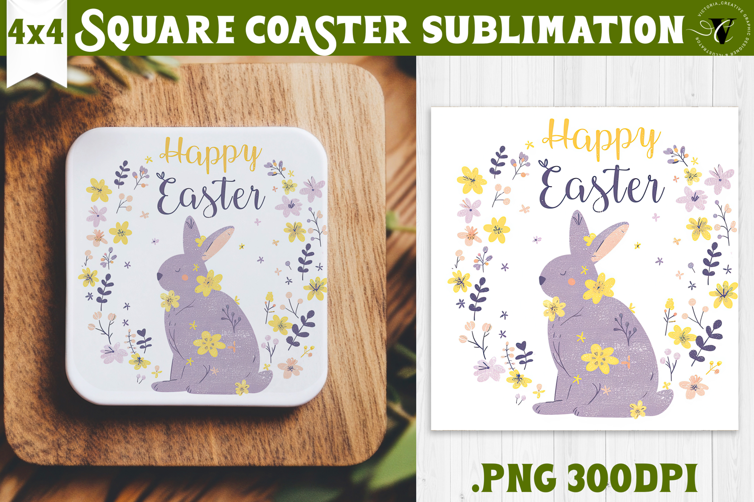 Easter Square Coaster | Watercolor Bunny | Happy Easter product image 1
