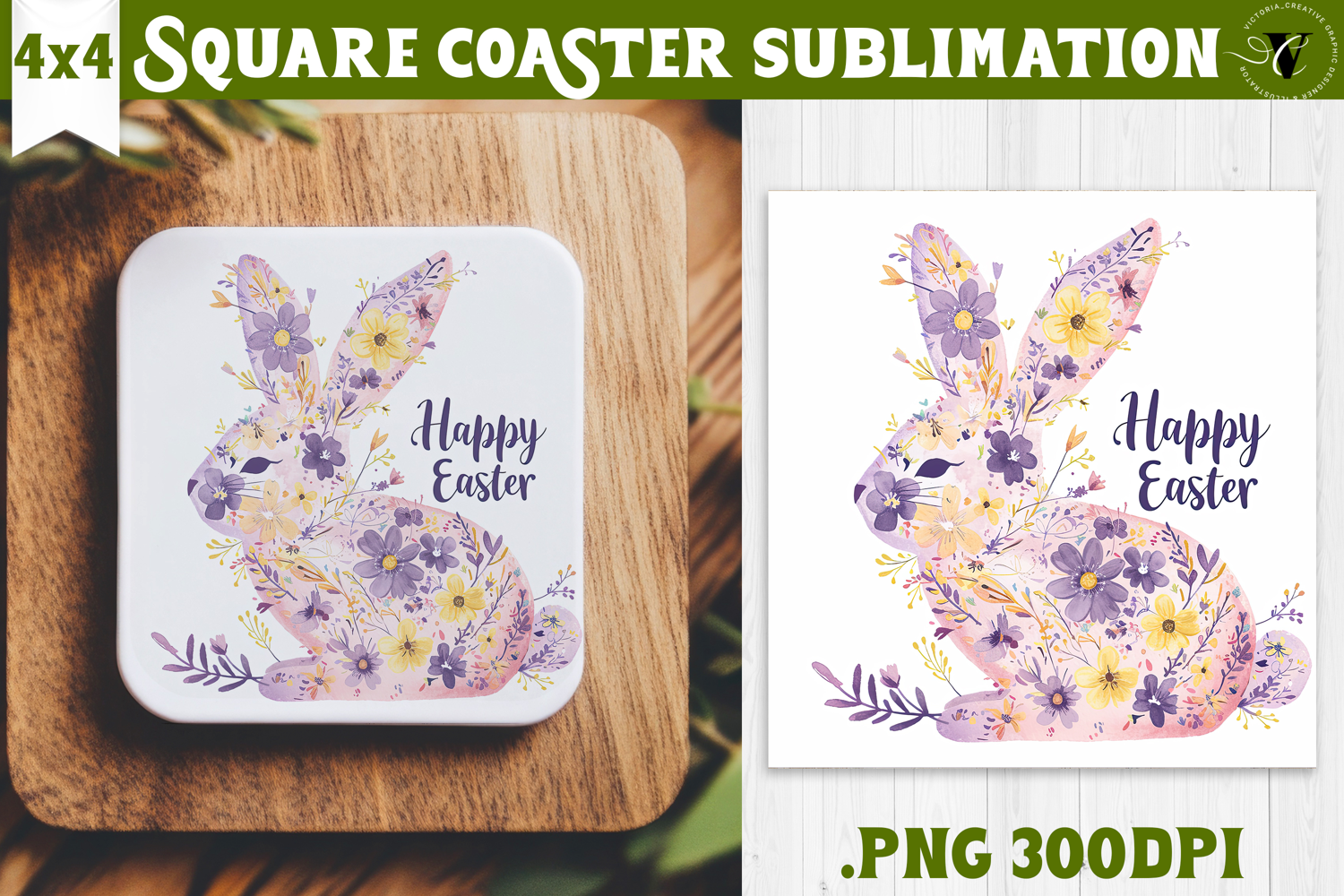Easter Square Coaster | Watercolor Bunny | Happy Easter product image 1