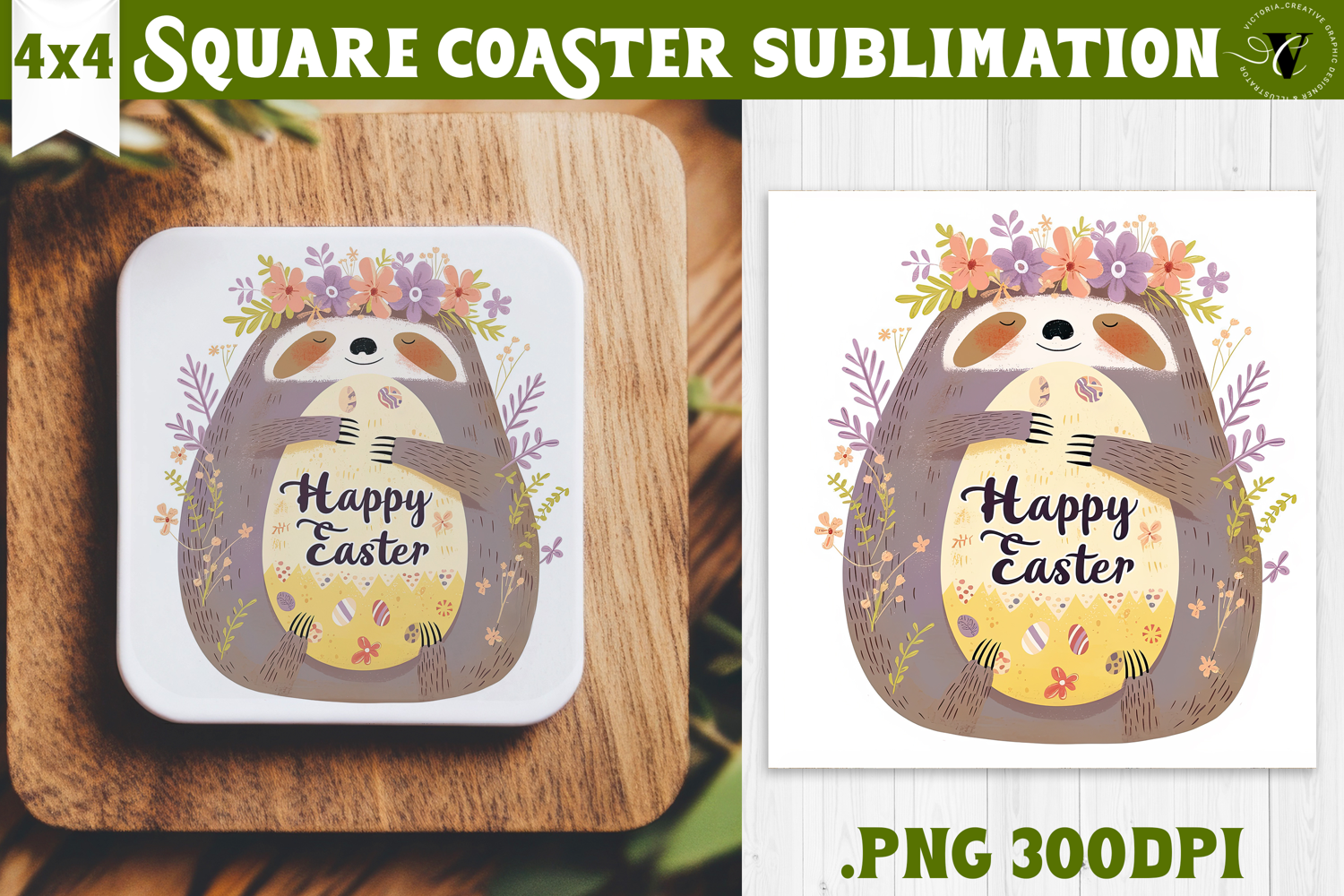 Easter Square Coaster | Watercolor Sloth | Happy Easter product image 1