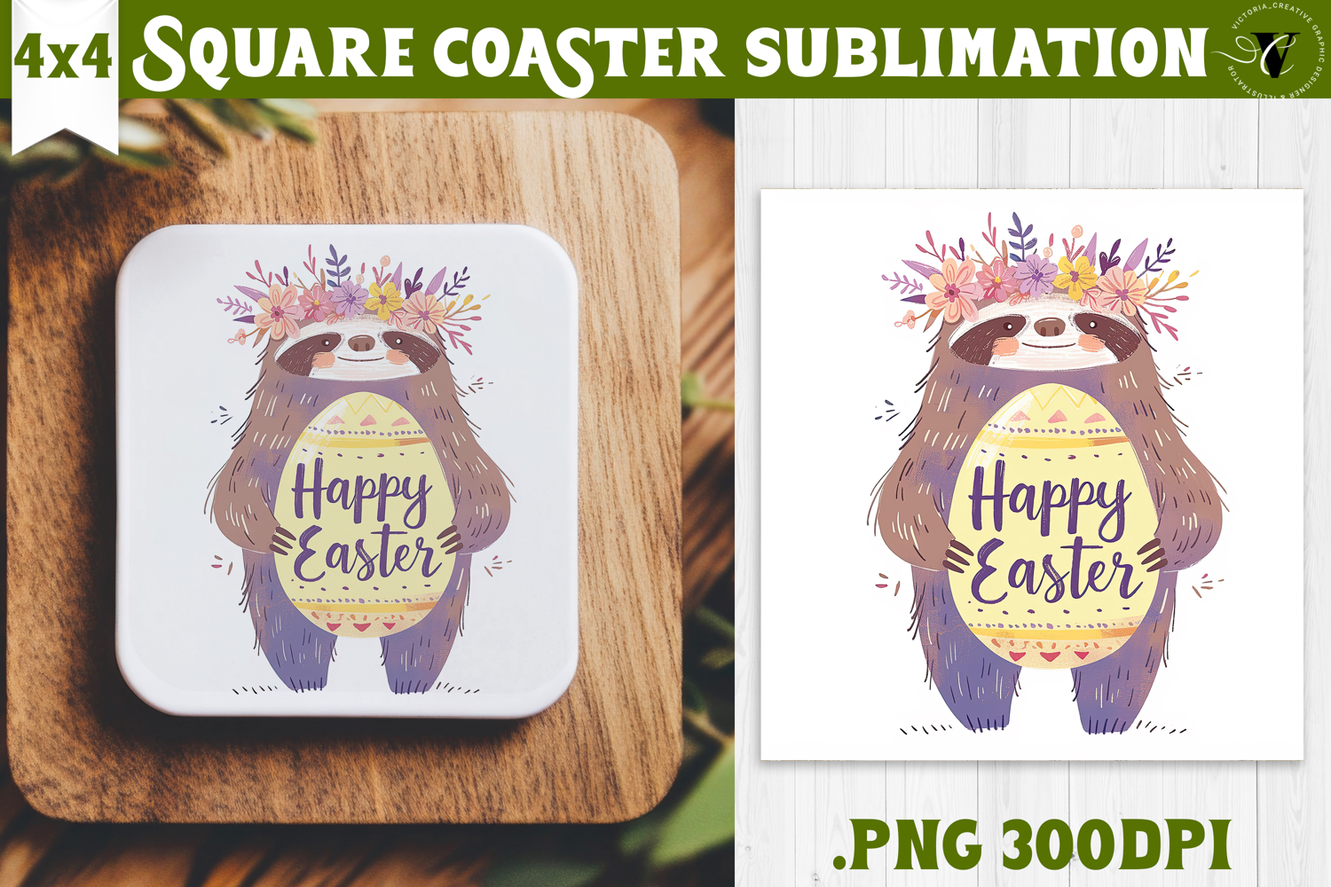 Easter Square Coaster | Watercolor Sloth | Happy Easter product image 1