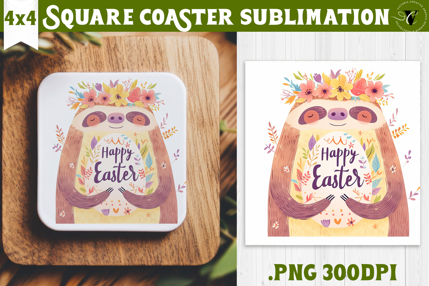 Easter Square Coaster | Watercolor Sloth | Happy Easter product image 1