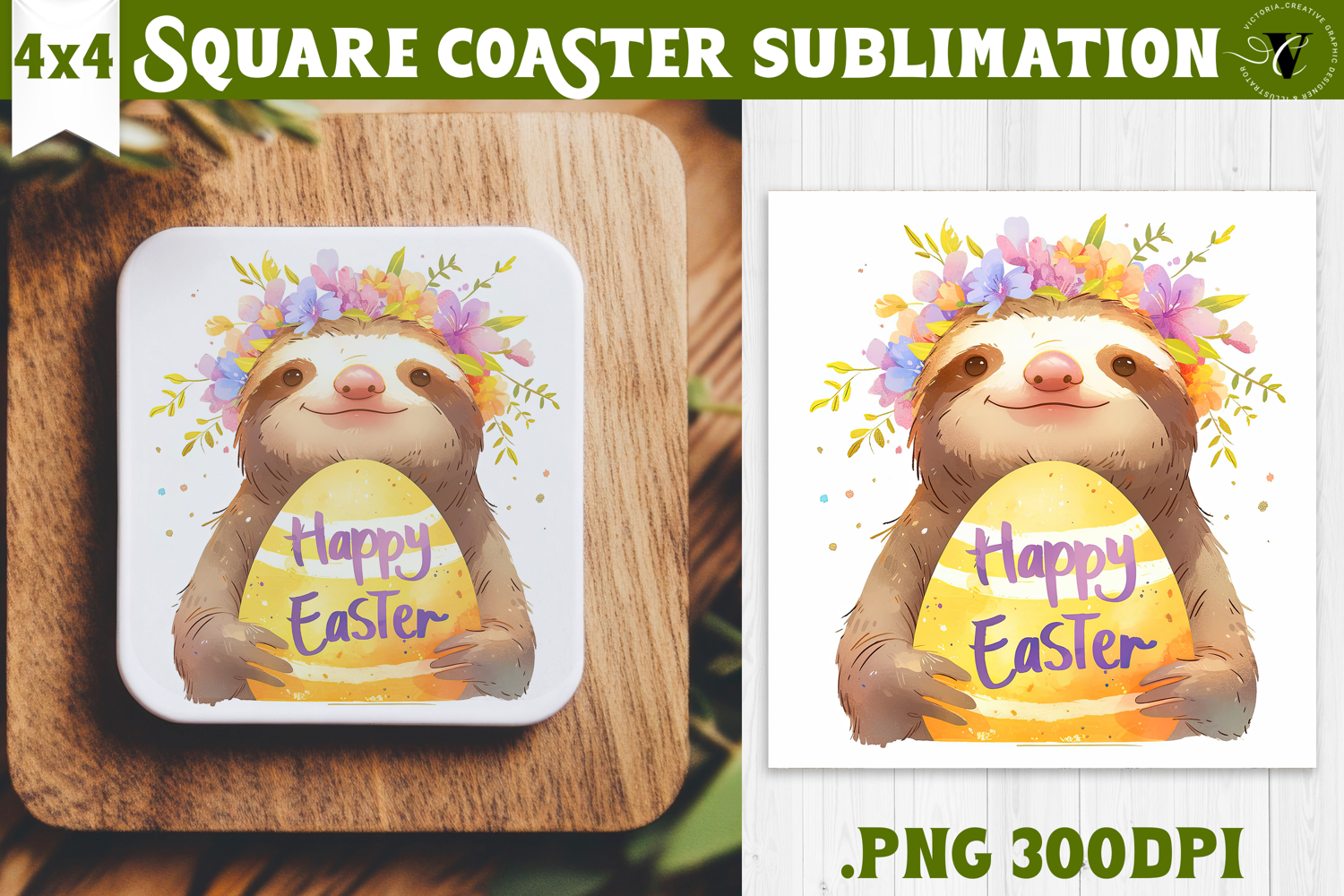 Easter Square Coaster | Watercolor Sloth | Happy Easter product image 1